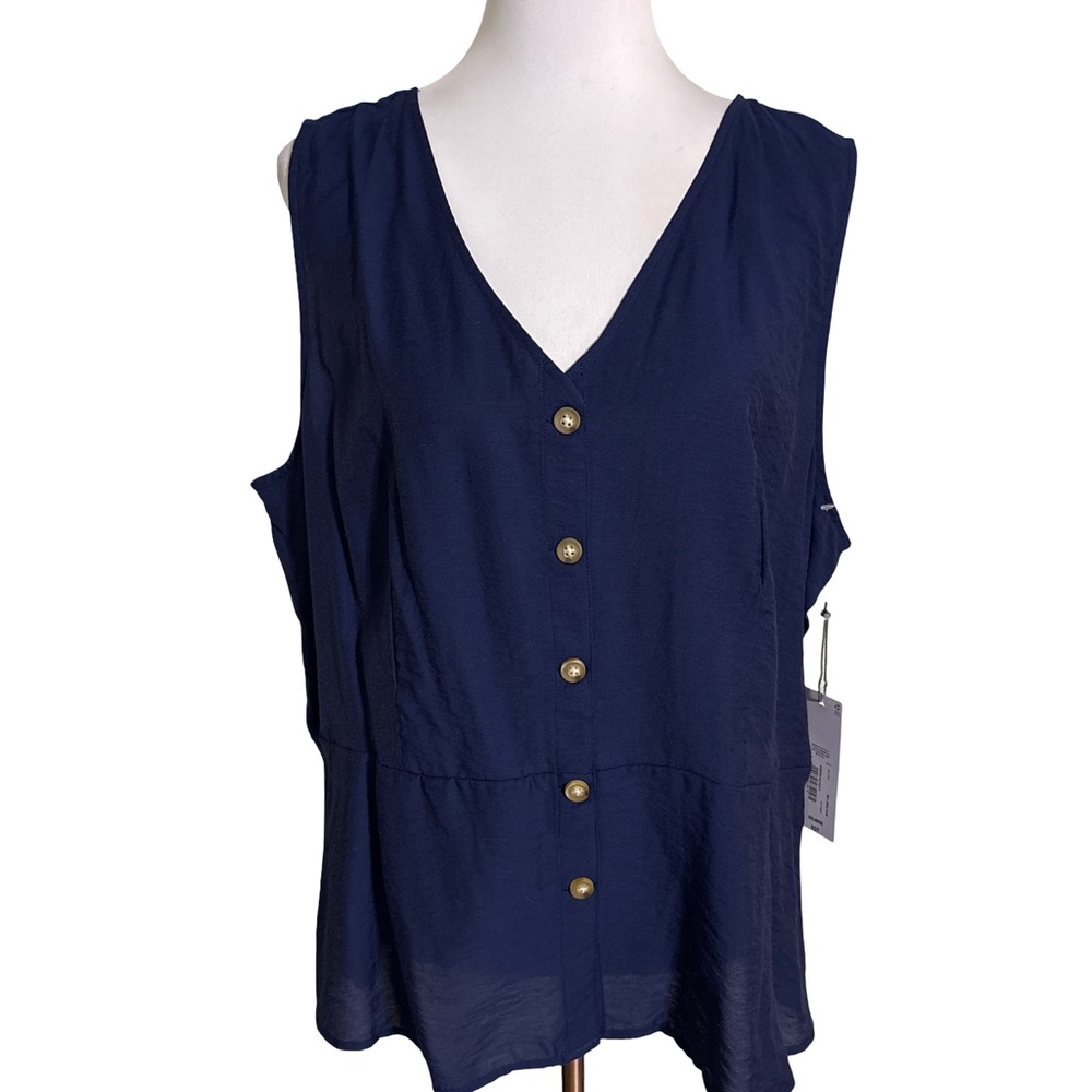 Liz Claiborne Navy V-Neck Buttoned Blouse